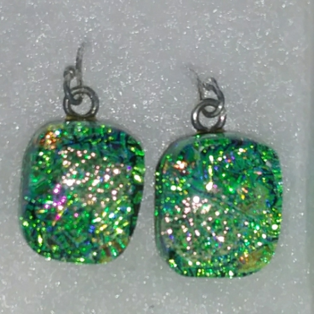 Fused glass emerald green earrings